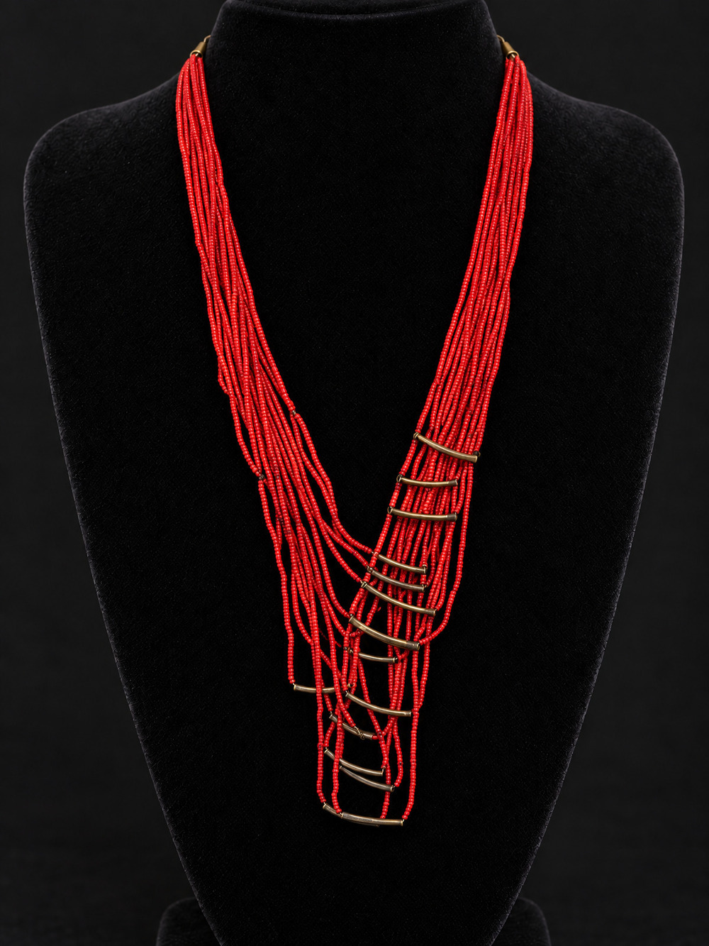 βοΈ Red Seed Bead Necklace | Multi-Strand Ladder | Gold-Tone Tube Bars π